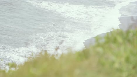 Waves-Crashing-on-California-Coast-Top-Down-View-Grass-in-Foreground