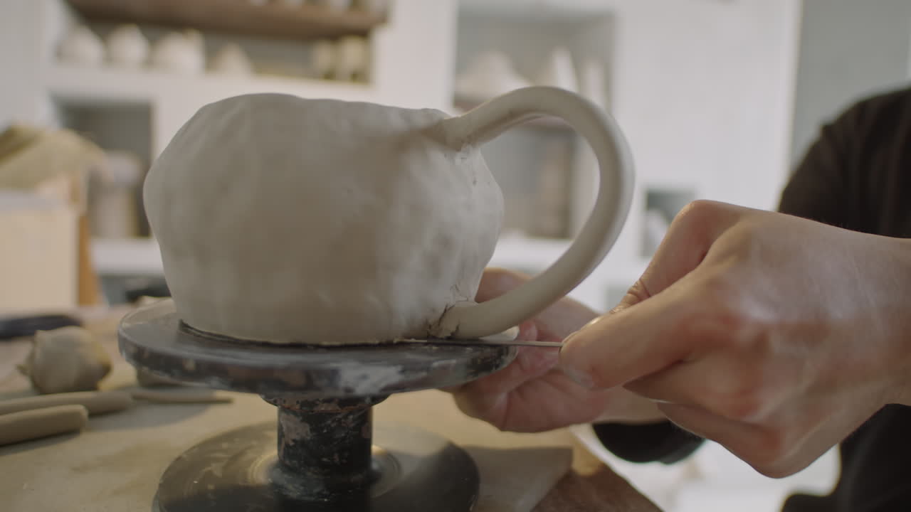 Hands of Artisan Removing Ceramic Mug from Pottery Wheel