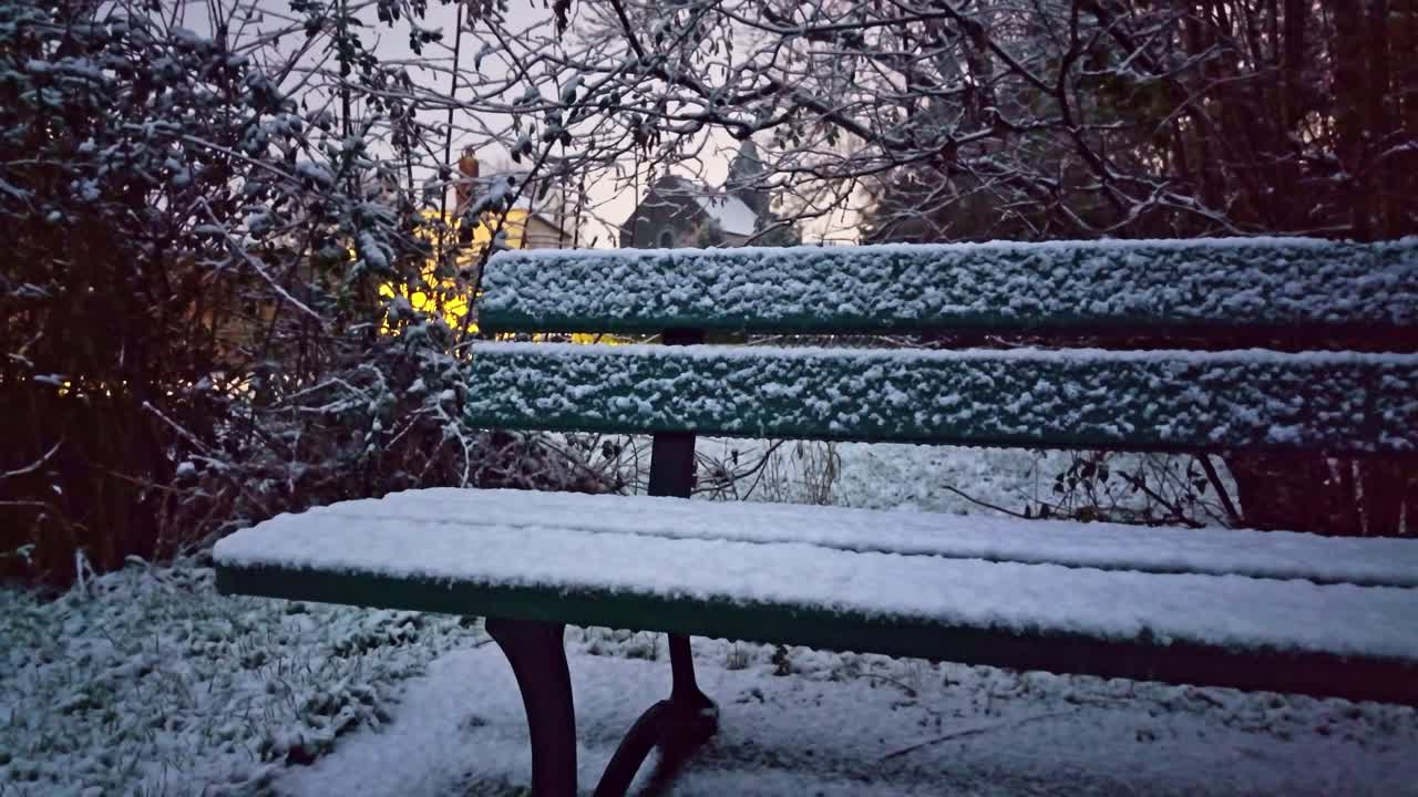 Snebelagt træbænk i en stille, offentlig park om vinteren med græsplæne og buske