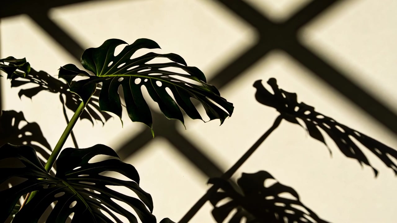 Shifting sunlight through multi-pane window casting grid shadows, moving potted Monstera leaves