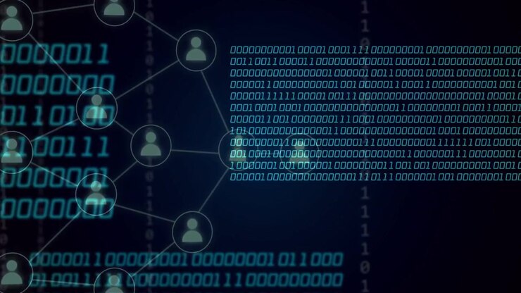 Binary streams appearing, cyan code panels sliding, nodes pulsing, showing network data flow