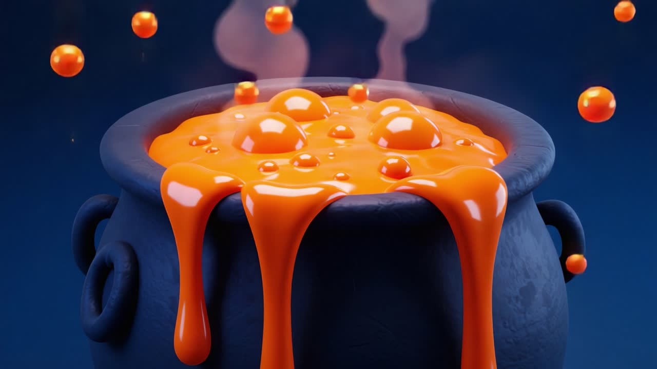 A vibrant cauldron filled with bubbling, molten orange liquid, releasing whimsical steam and lively droplets, creating an enchanting and magical atmosphere