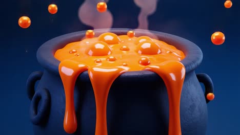 a vibrant cauldron filled with bubbling, molten orange liquid, releasing whimsical steam and lively droplets, creating an enchanting and magical atmosphere