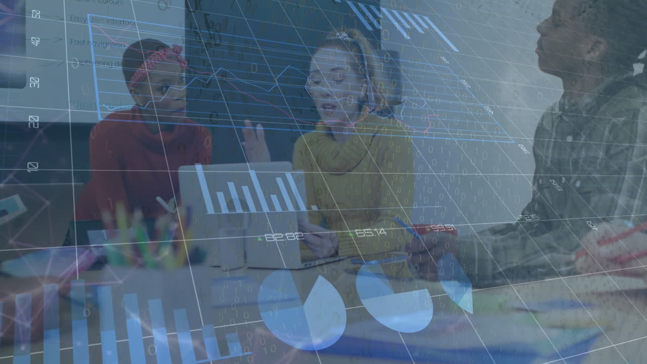 Animation of graphs, numbers, loading circles, diverse coworkers discussing reports on laptop
