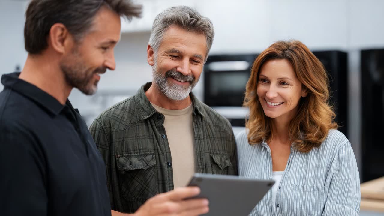 Three Individuals Engaging with a Tablet in a Modern Kitchen Setting, Exhibiting Expressions of Joy and Interaction, Highlighting the Dynamics of Technology in Everyday Life