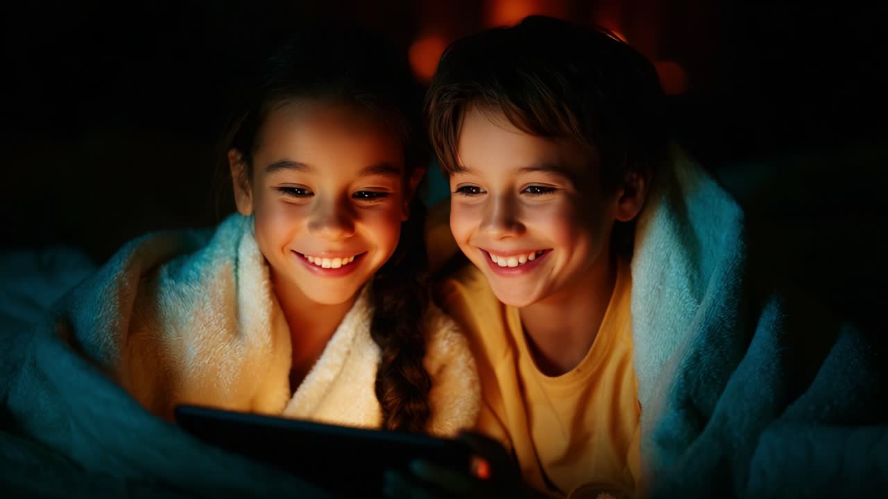 Two Children Enjoying a Cozy Evening Together, Sharing Moments of Laughter and Joy While Engrossed in a Device, Wrapped in Warm Blankets Amidst a Soft Glow That Enhances Their Delightful Experience