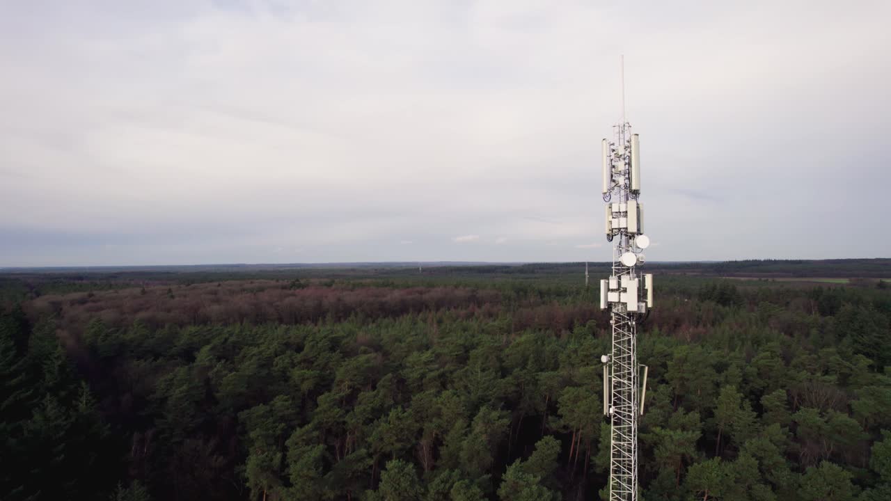 Paesaggio aereo con antenna tecnica di comunicazione e trasmissione dati bianca a contrasto in un parco naturale nella Veluwe, foresta illuminata lateralmente con verde a contrasto su cielo blu