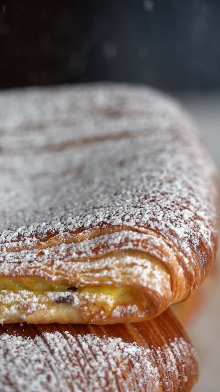 Uno chef aggiunge sale a un croissant ripieno di crema e cioccolato, primo piano, inquadratura d'inserto.