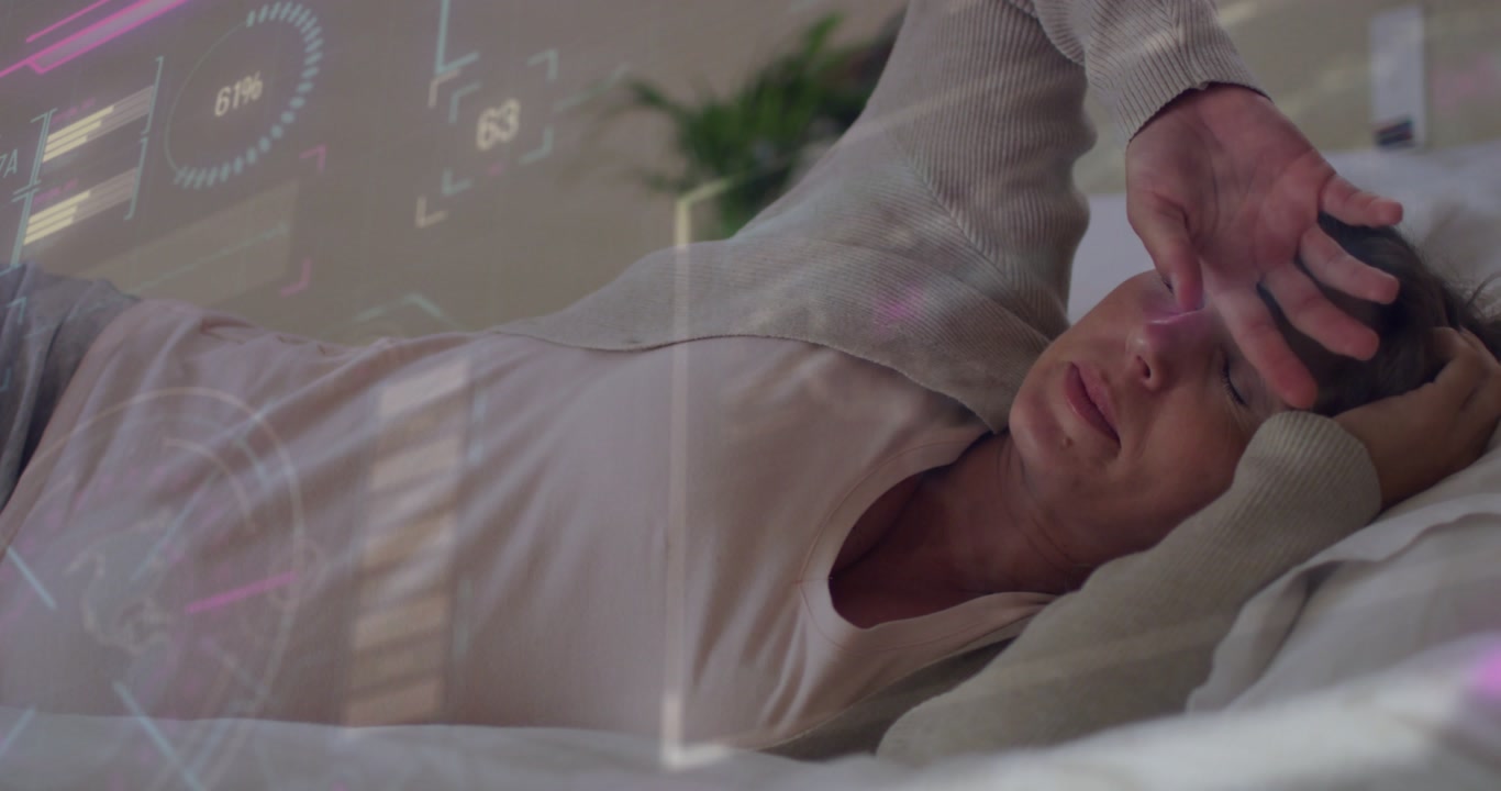 Woman lying on bed, feeling tired, moving arm to pillow, vital gauges tracking breath overlay left