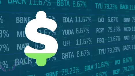 animación del símbolo del dólar estadounidense y procesamiento de datos financieros.