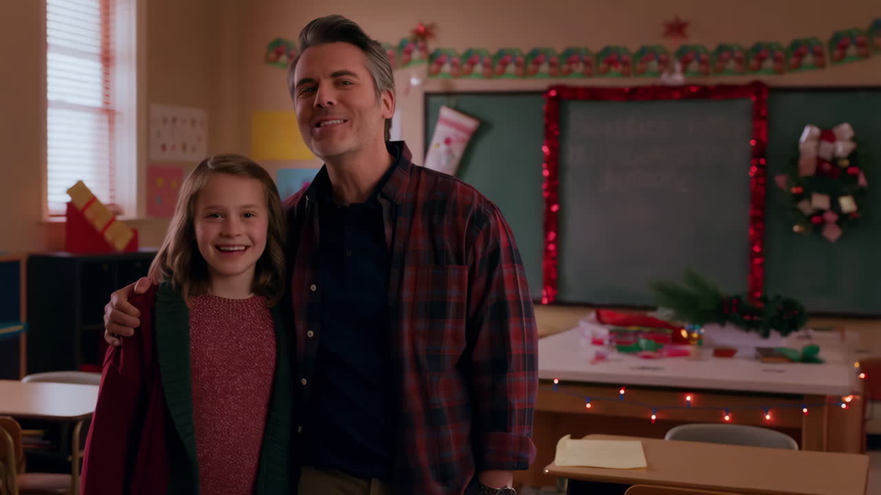 A man and a girl celebrate Christmas in a decorated classroom