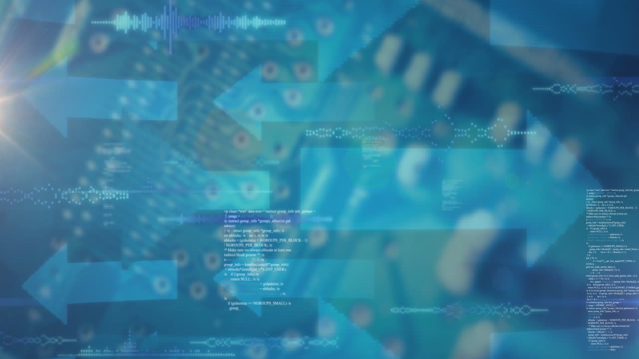 animación de múltiples íconos de flecha y procesamiento de datos en primer plano de una placa de circuitos.