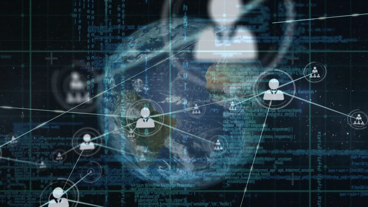 animación de la red de conexiones con iconos sobre el globo y la cuadrícula