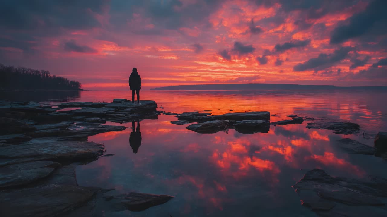 Ein ruhiger Abend am Wasser: Eine Silhouette vor einem atemberaubenden Sonnenuntergang mit lebendigen Farben, die sich auf ruhigem Wasser und Felsen spiegeln