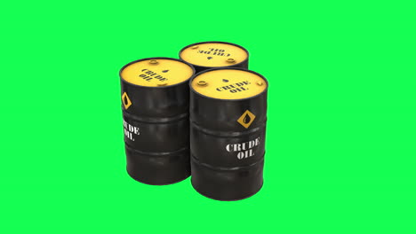 Three-Crude-oil-barrels-rotating-in-loop-on-greenscreen-chroma-background---3D-Animation-Render-Crude-oil-supply-and-demand,-Rising-oil-prices,-Commodity-market-trading-concept-video