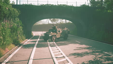 armored military car in big city