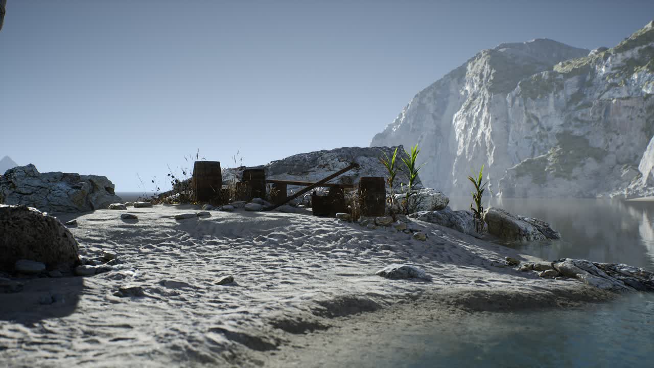 barriles de madera con peces de mar en la playa de arena