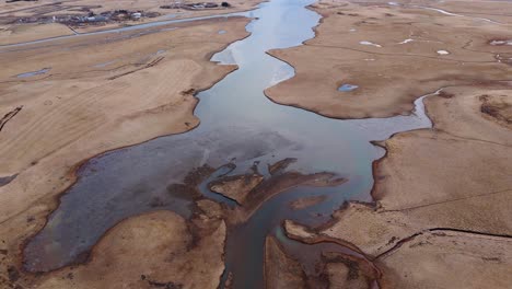 meandering river in brown nordic landscape of iceland, drone shot