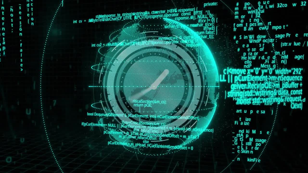 Central glowing clock interface circling above spherical grid with neon code streams drifting in 3D