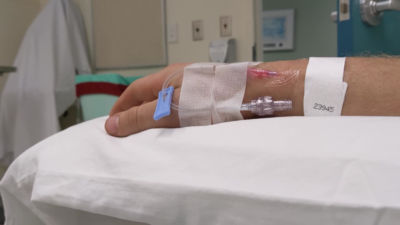 movimientos lentos de la mano de la mano derecha masculina caucásica irreconocible en un escenario médico con iv en la muñeca