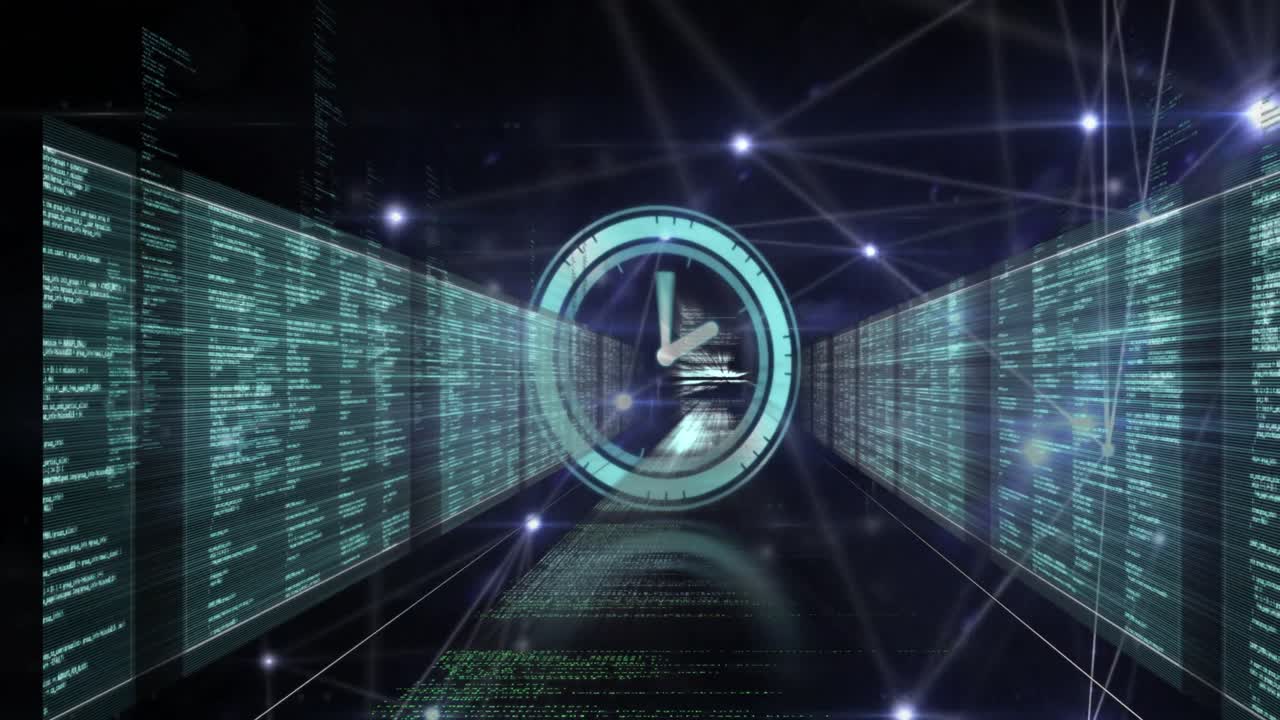 Animation of clock and network of connections over dark background