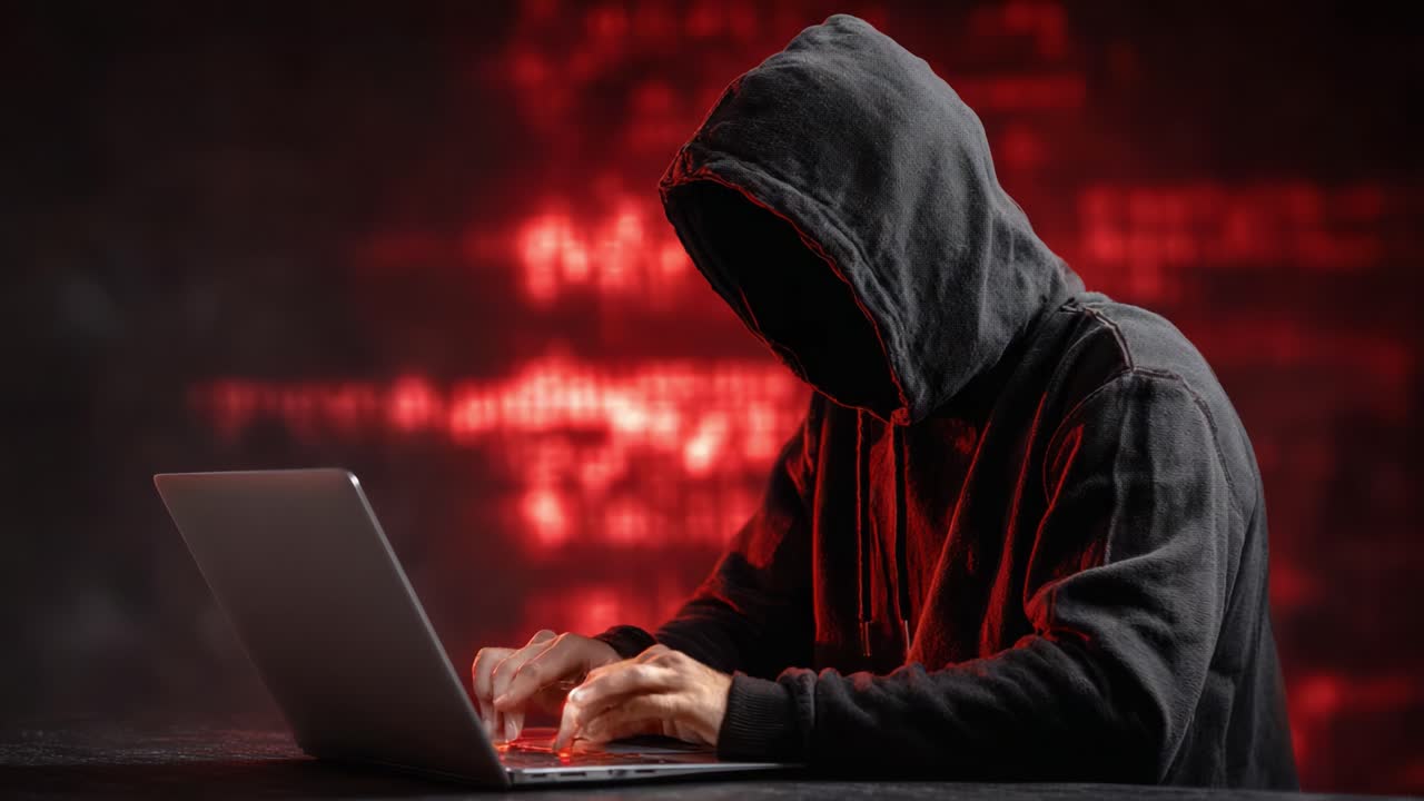 A shadowy figure cloaked in a dark hoodie intensely types on a laptop, illuminated by ominous red light, suggesting an air of secrecy and digital intrigue