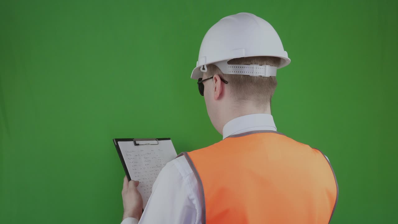 빌더는 클립보드에 데이터를 기록합니다. 크로마키, 색 헬과 오렌지색 반사 웨스트 또는 베스트를 입은 엔지니어, 상사 또는 수장이 노트 패드에 있는 정보를 확인합니다.