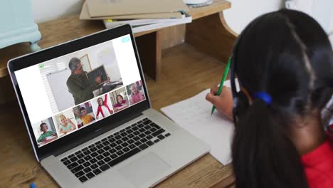 composición de una niña que usa una computadora portátil para una lección en línea en casa, con un maestro y una clase diversos en la pantalla