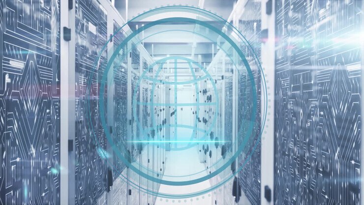 Animation of globe and digital data processing over computer servers