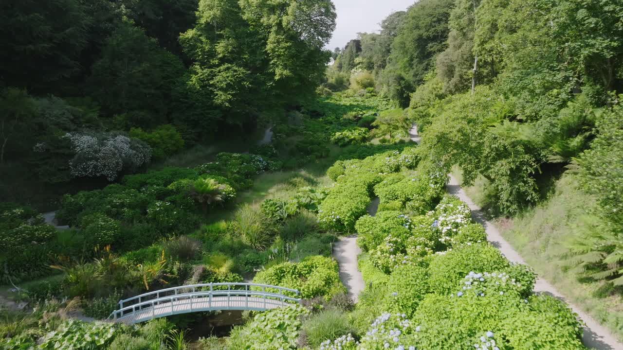 Garden valley in summer with green trees, pond and bushes. Camera flight towards and over small bridge with no people visible.