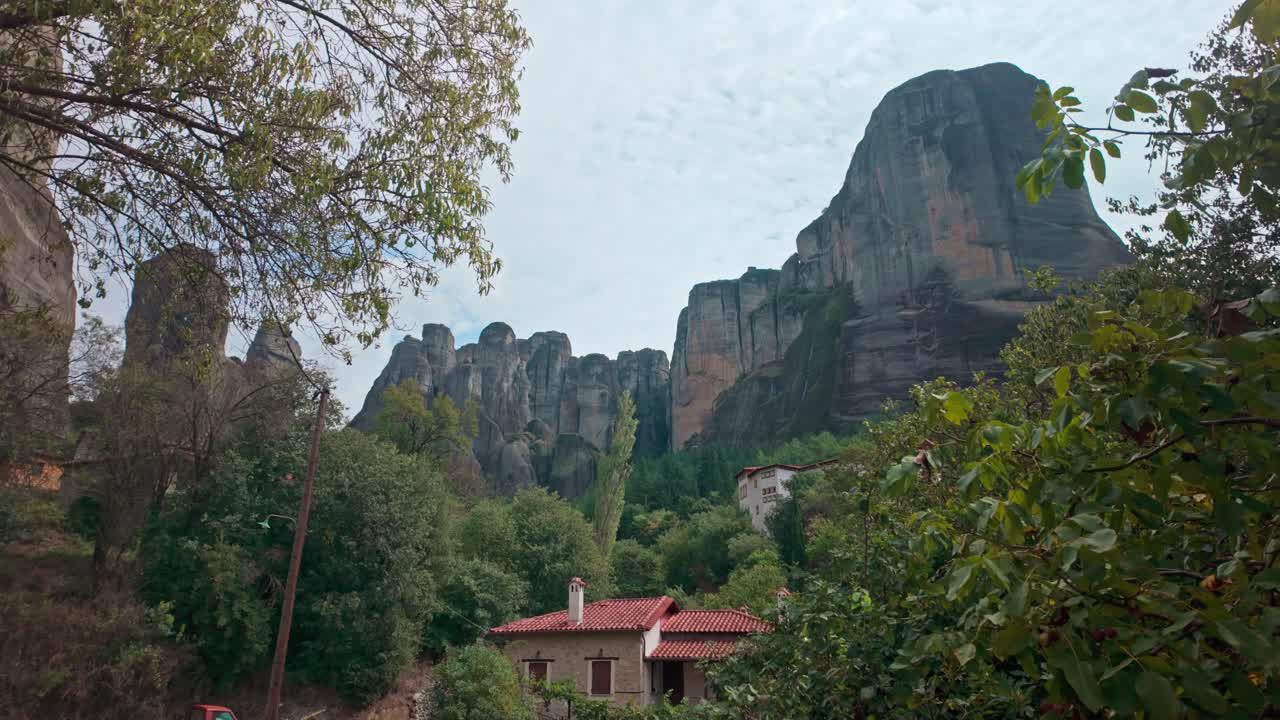 View of towering Meteora rock formations above Kastraki village