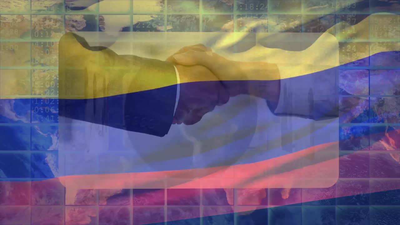 Animazione di elaborazione dati finanziari e persone d'affari sulla bandiera della Colombia