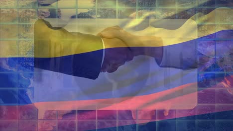 animación de procesamiento de datos financieros y gente de negocios sobre la bandera de colombia