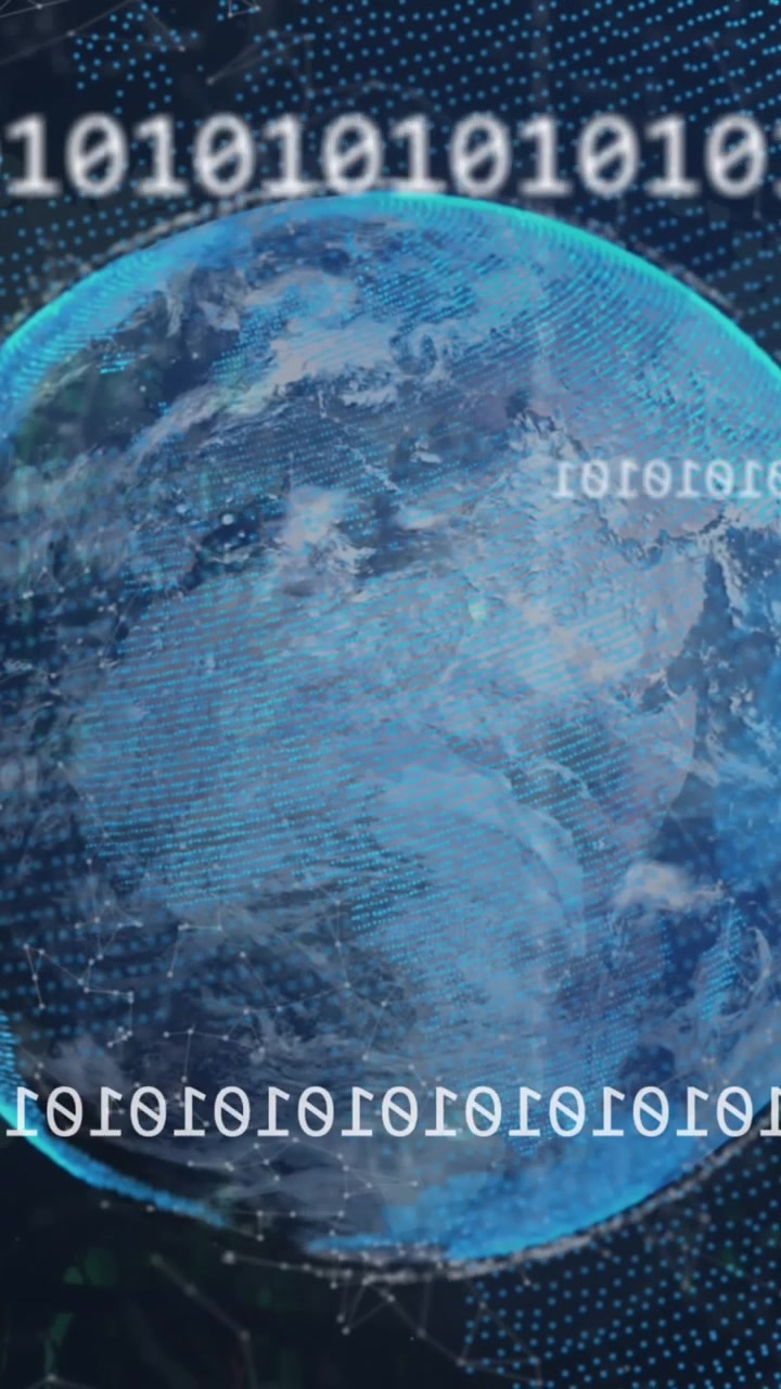 Animation of looping binary codes with connected dots around globe against abstract background