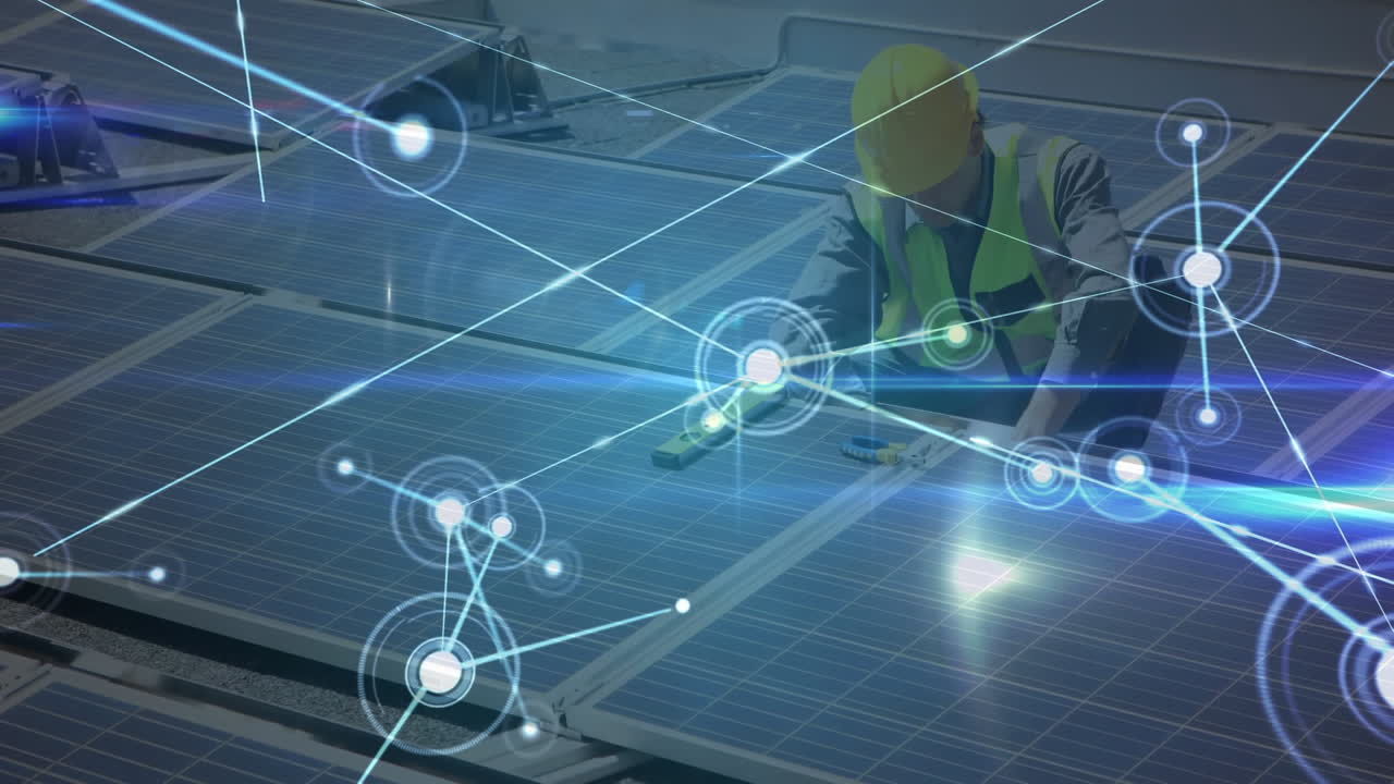 태양 전지 패널을 설치하는 작업자를 통해 네트워크 연결의 애니메이션