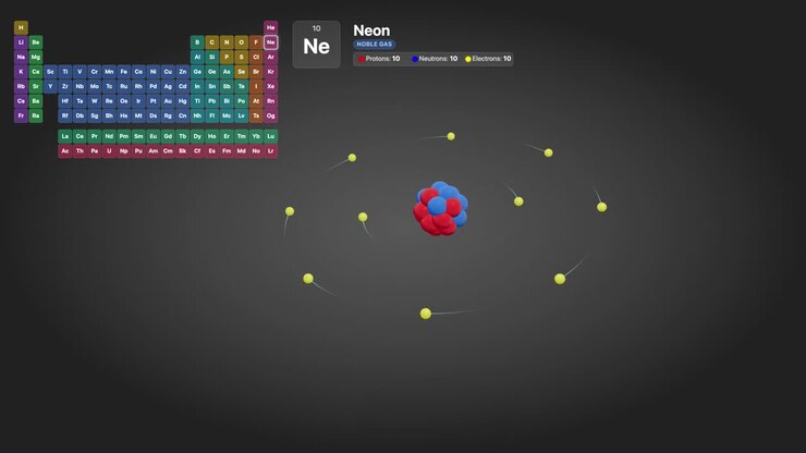 Educational 3D animation of a neon atom with orbiting electrons around a central nucleus