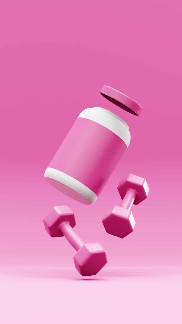 3D barbells with jar of protein powder against pink background