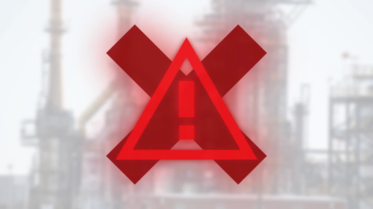 señal de advertencia roja y cruz en el fondo de la estructura con interferencia