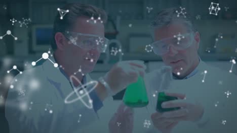 Animation-of-molecules-over-caucasian-male-scientists-working-in-laboratory