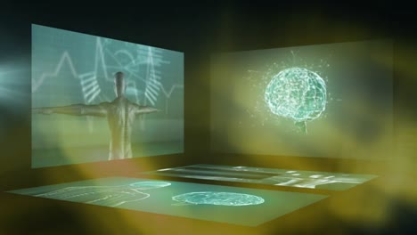 animation of human body and skeleton, digital brains and heart rhythm against black background