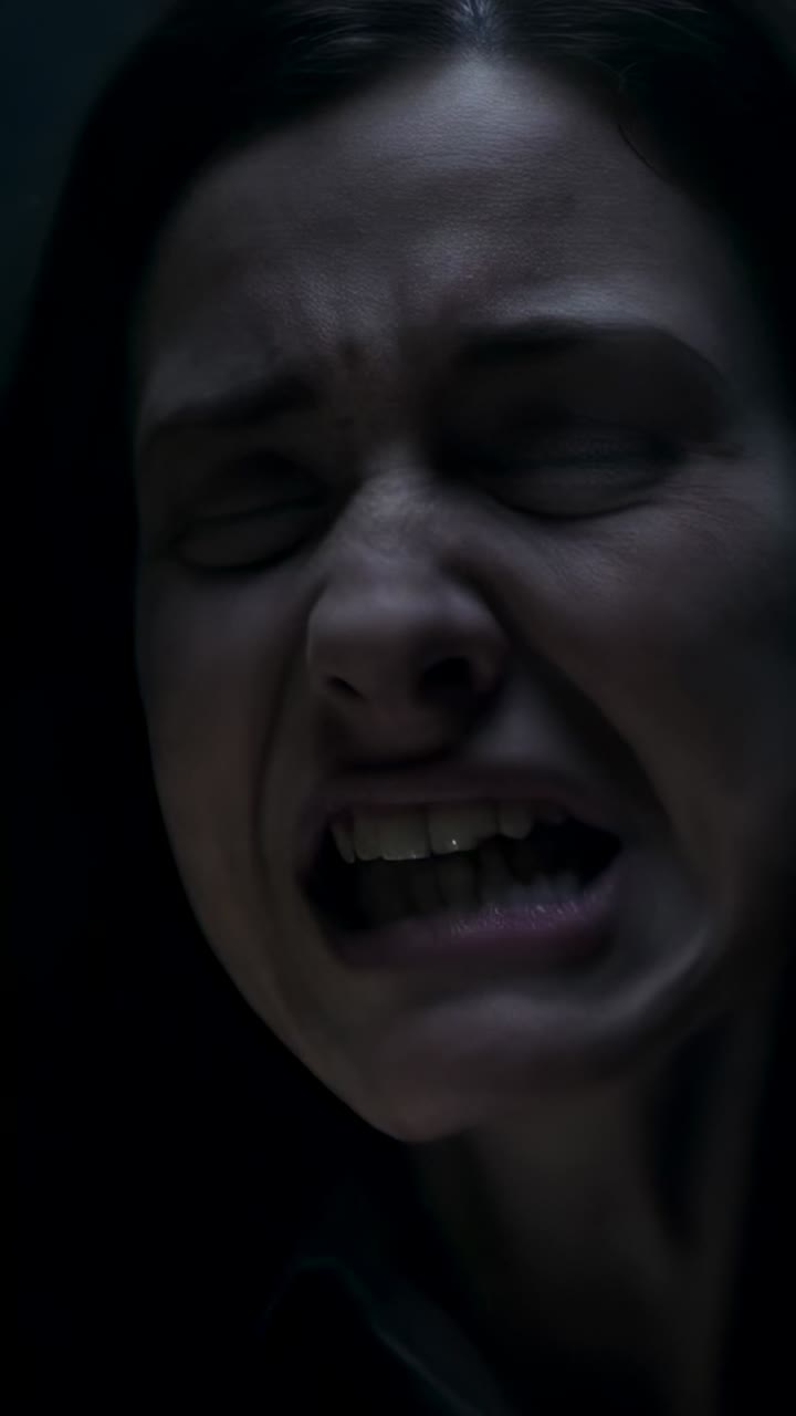 Vertical video: Grimacing woman in dark collar tilting back in dim room, baring teeth, rolling eyes