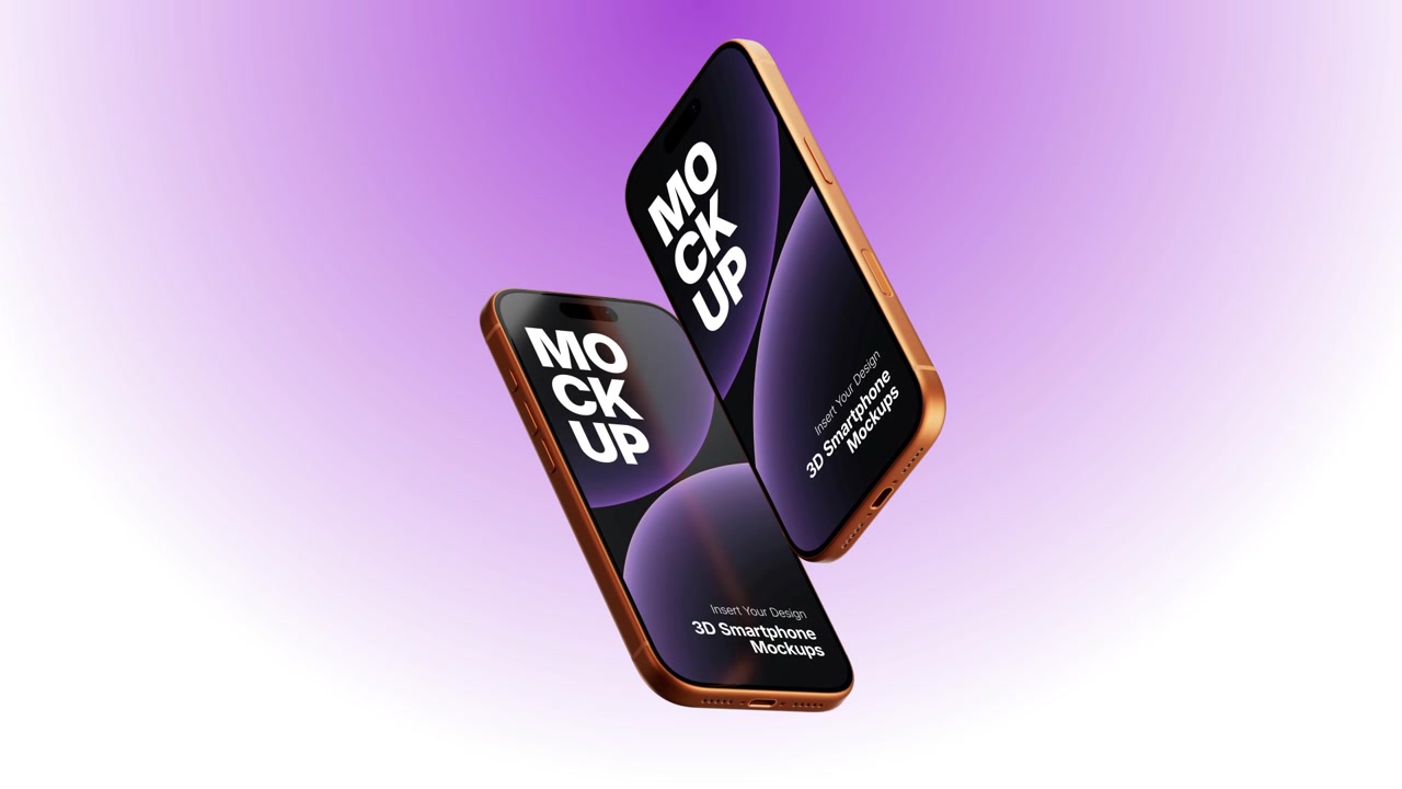 Smartphone moderni dorati in rotazione su sfondo sfumato viola