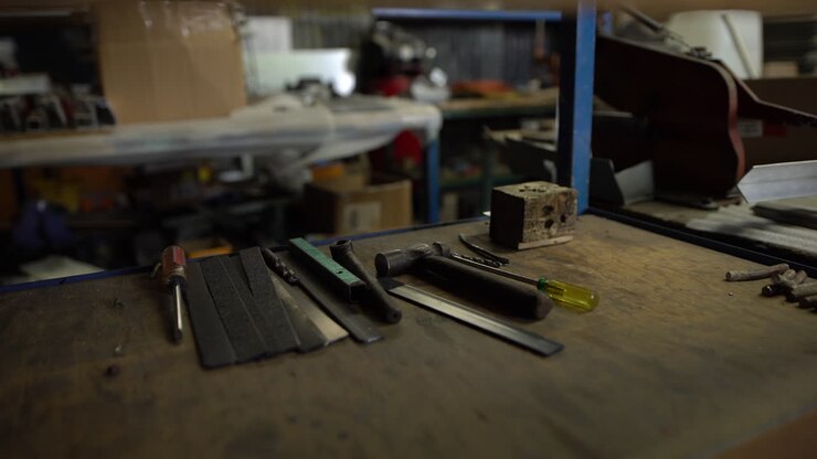 Slow dolly in of a collection tools in a warehouse