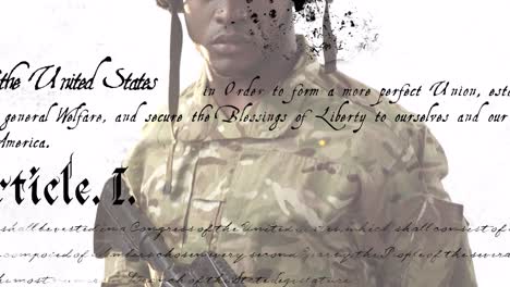 animation of article text over african american soldier holding weapon