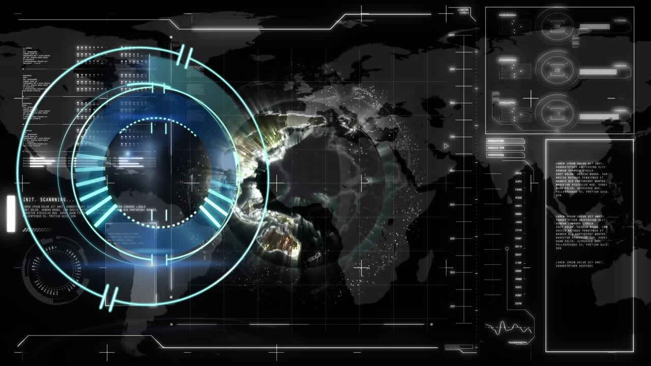 Animation of data processing and scope scanning on black background