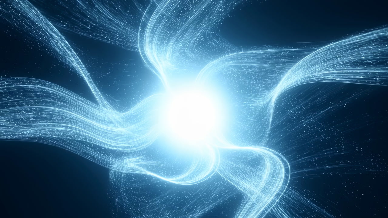 Bright Energy Burst With Tendrils, Intense Luminous Core And Flowing Plasma Streams, Electric Blue Filaments
