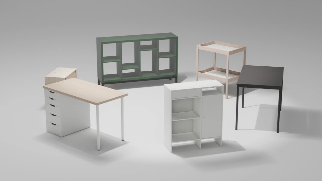 Modern flat pack furniture arranged in a circle with rotating camera shot