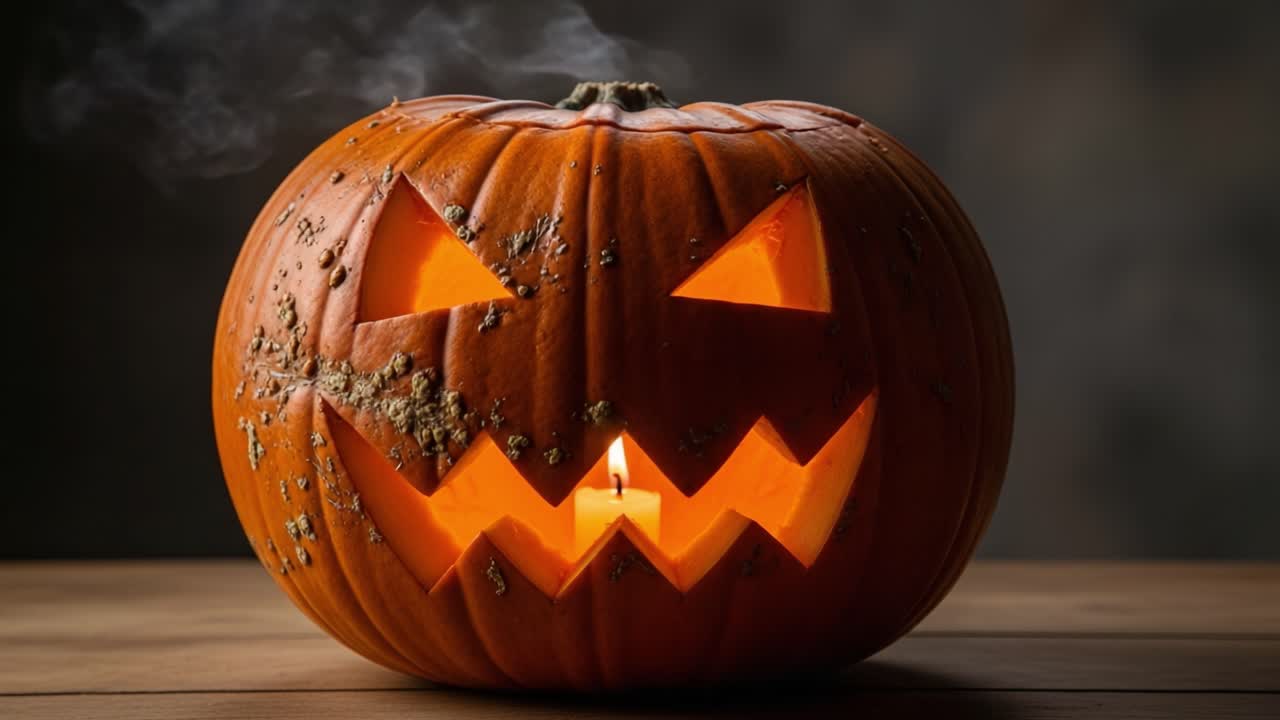 A Spooky Illuminated Pumpkin with Glaring Eyes and a Grinning Mouth Casting Eerie Shadows in a Dimly Lit Environment, Perfect for Halloween Decoration and Festivities