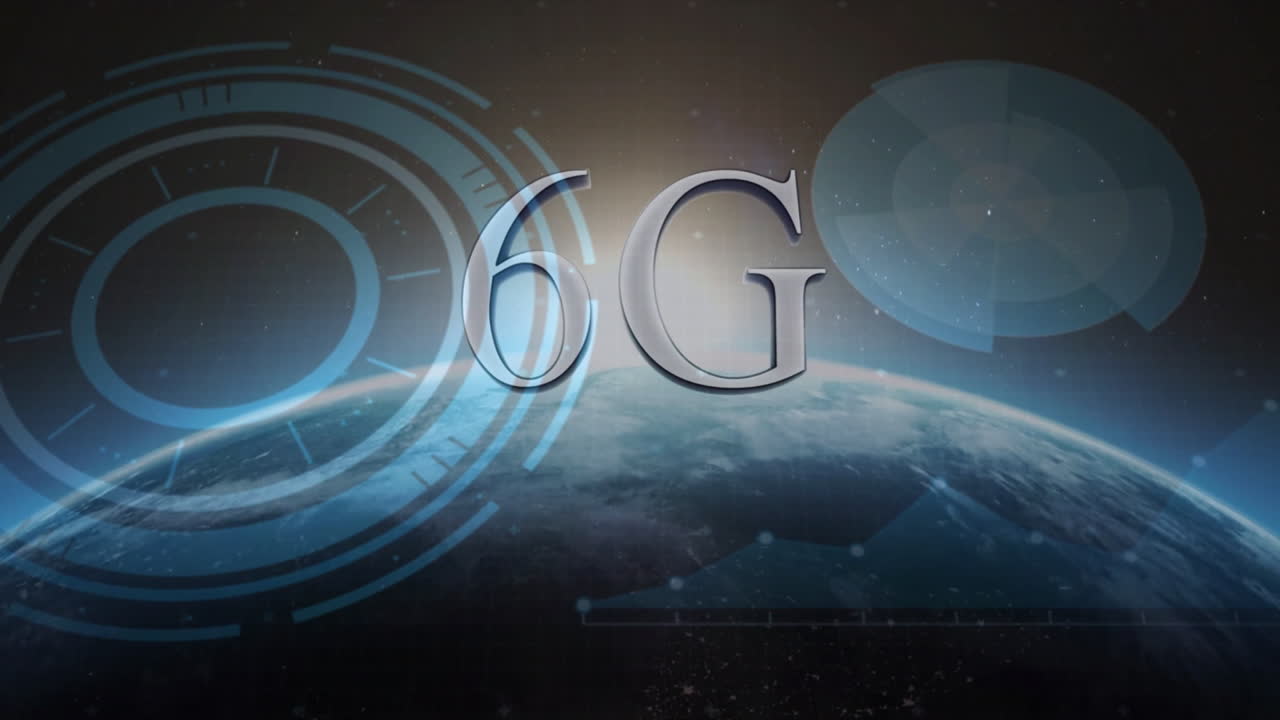 Animation of 6G text with futuristic digital graphics over Earth, technology theme
