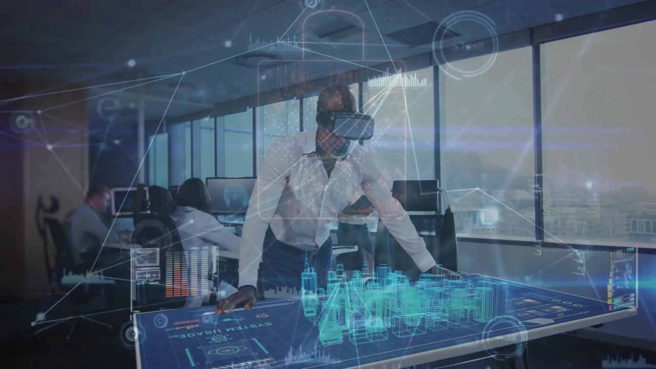 professional using VR headset exploring model table, colleagues monitoring data graphs at tech lab